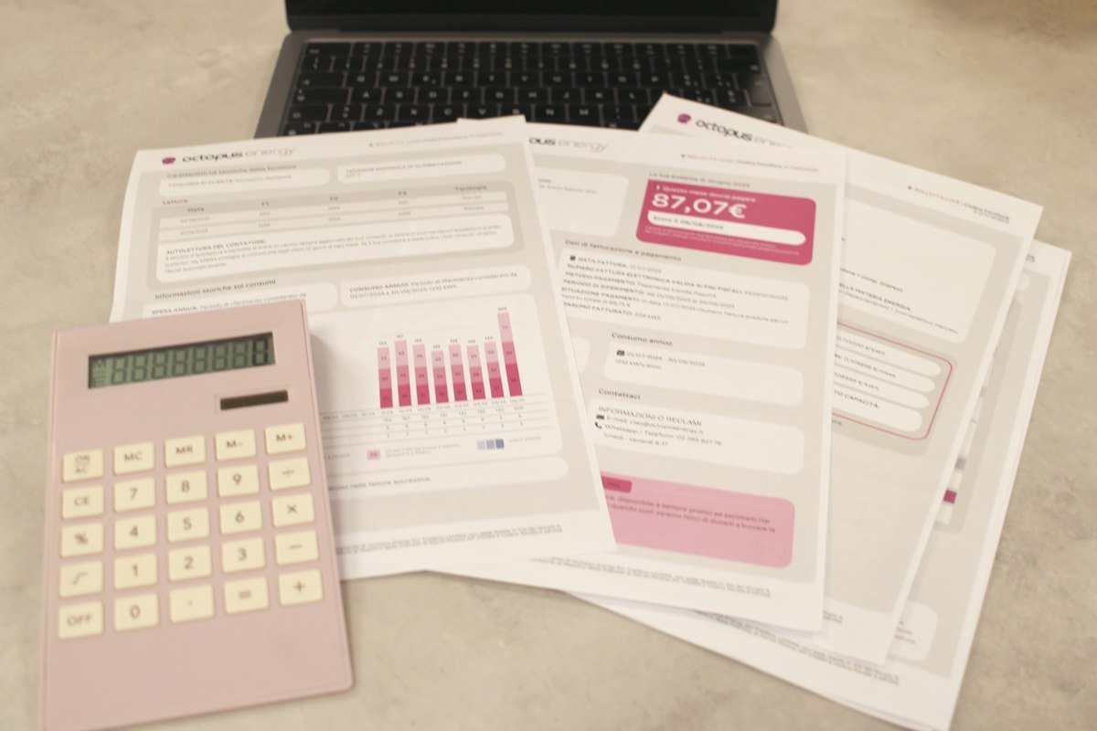 Bills, calculator and laptop for bookkeeping