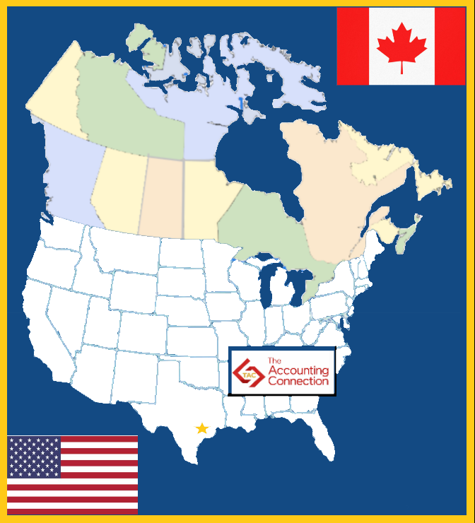 Map of the United States and Canada with The Accounting Connection in Texas